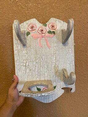 Vintage Shabby Chic Wooden Wall Rack - Hand-Painted Roses & Crackle Finish